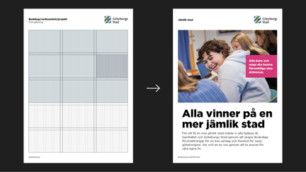 En tom affischmall med synligt designsystem bredvid en affisch med innehåll inlagt.