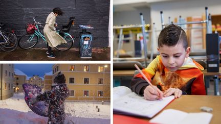 Bilder består av tre foton: En person i regn och blåst, ett barn som leker i snö och ett barn som sitter vid en skolbänk och skriver.
