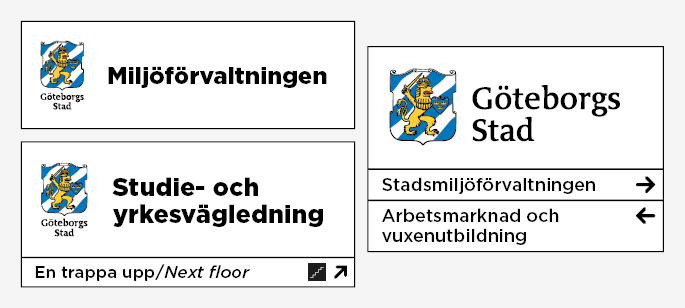 Exempel p&aring; skyltar med verksamhetsnamn i Gotham Black bredvid G&ouml;teborgs Stads logotyp.