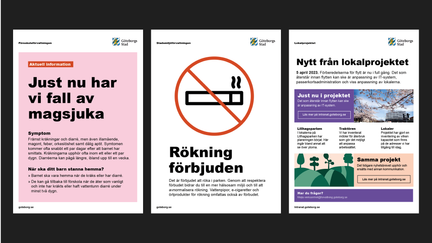 Exempel på affischer för aktuell information och förbud, bredvid exempel på nyhetsbrev.