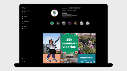 Exempel på Instagram i desktop-läge där Göteborgs Stads logotyp syns som profilbild. Under syns inlägg i form av foto, illustration och text mot färgad bakgrund.