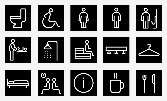 Ett urval av stadens piktogram i linjeman&eacute;r, exempelvis f&ouml;r toalett, information och bastu.