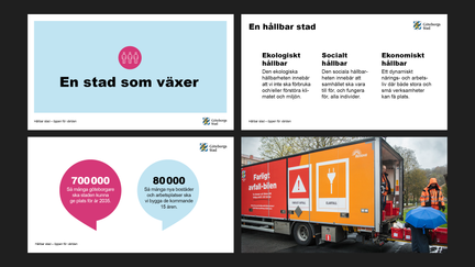 Exempel på innehåll i presentationer, text, rubriker, infografik och foton.