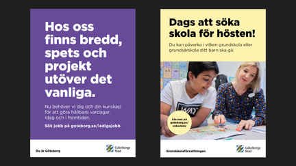 Exempel på annonser på stadstavlor på stan, men text på färgad bakgrund tillsammans med foto.