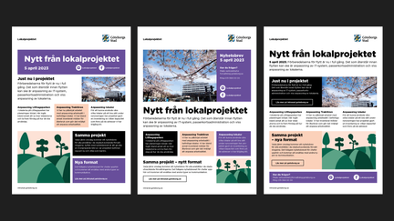 Exempel på nyhetsbrev i A4-format med tre olika layouter, alla innehåller text, foto och illustration med olika placeringar.