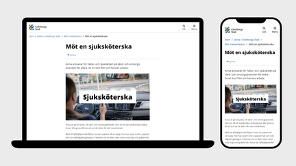 Exempel på en sida från goteborg.se som heter Möt en sjuksköterska. Det syns en startbild på en film och löpande text.