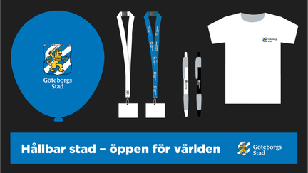 Exempel på profilprodukterna ballong, nyckelband, penna och t-shirt i göteborgsblått och vitt.