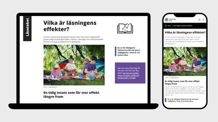 Exempel på webbsidan Läsoteket som använder stadens färger, bilder, logotyp och typsnitt. Det syns ett foto på barn som läser med text ovanför och under.