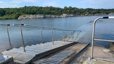 En trappa med ledstänger leder ner i havet.