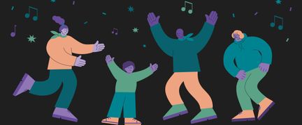 Illustration av personer som dansar med stjärnor och noter i bakgrunden.