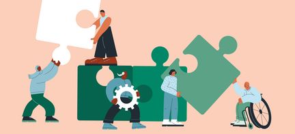 Flera tecknade figurer håller i stora pusselbitar. En person sitter i rullstol.