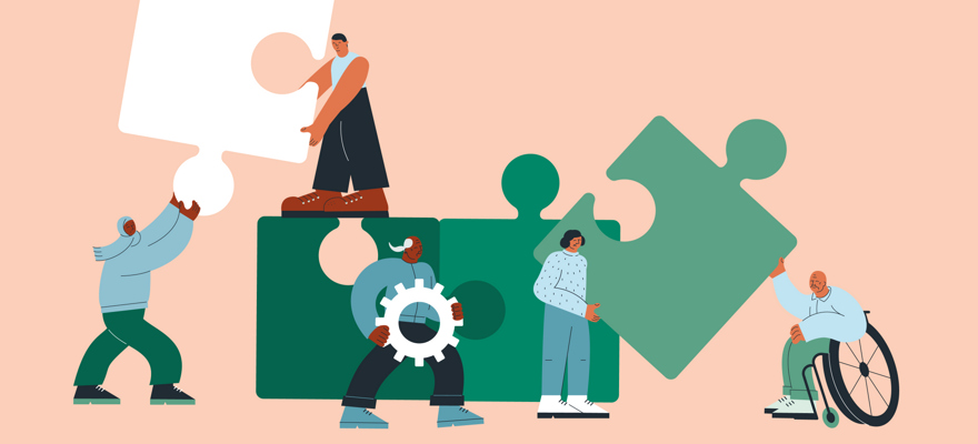 Flera tecknade figurer håller i stora pusselbitar. En person sitter i rullstol.