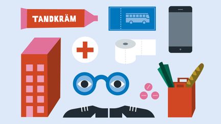 Tandkräm, bussbiljett, mobiltelefon, hus, glasögon, toalettpapper, matkasse, skor, tabletter, symbol för sjukvård