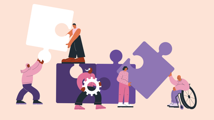 Illustration av människor som hanterar väldigt stora pusselbitar.