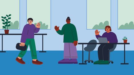 Illustration av ett kontor där tre personer vinkar till den som tittar.