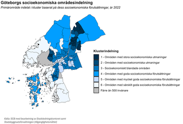Karta över socioekonomisk områdesindelning över Göteborg.