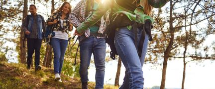 Fyra personer vandrar i skogen.