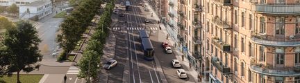 Visionsbild. Flygvy av Engelbrektsgatan med bilväg och byggnader.