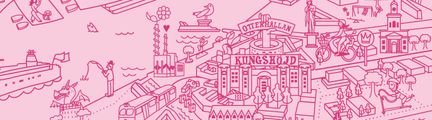 Rosa illustration av en vy över Rosenlund och Kungshöjd.
