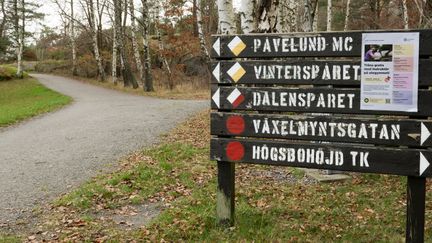 Skylt som visar motionsspår och vid sidan av en grusväg.