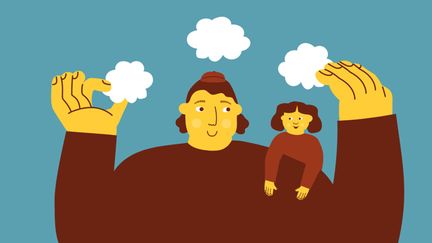 Illustration på en vuxen med ett barn på axeln. Den vuxna jonglerar med moln i luften 