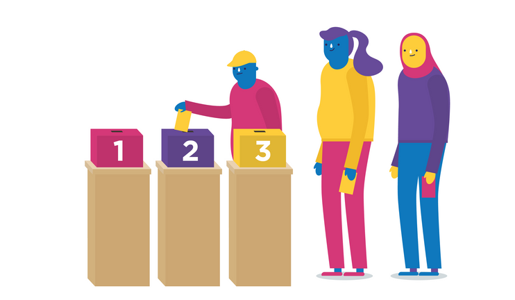 Illustration på tre människor som står i led för att rösta