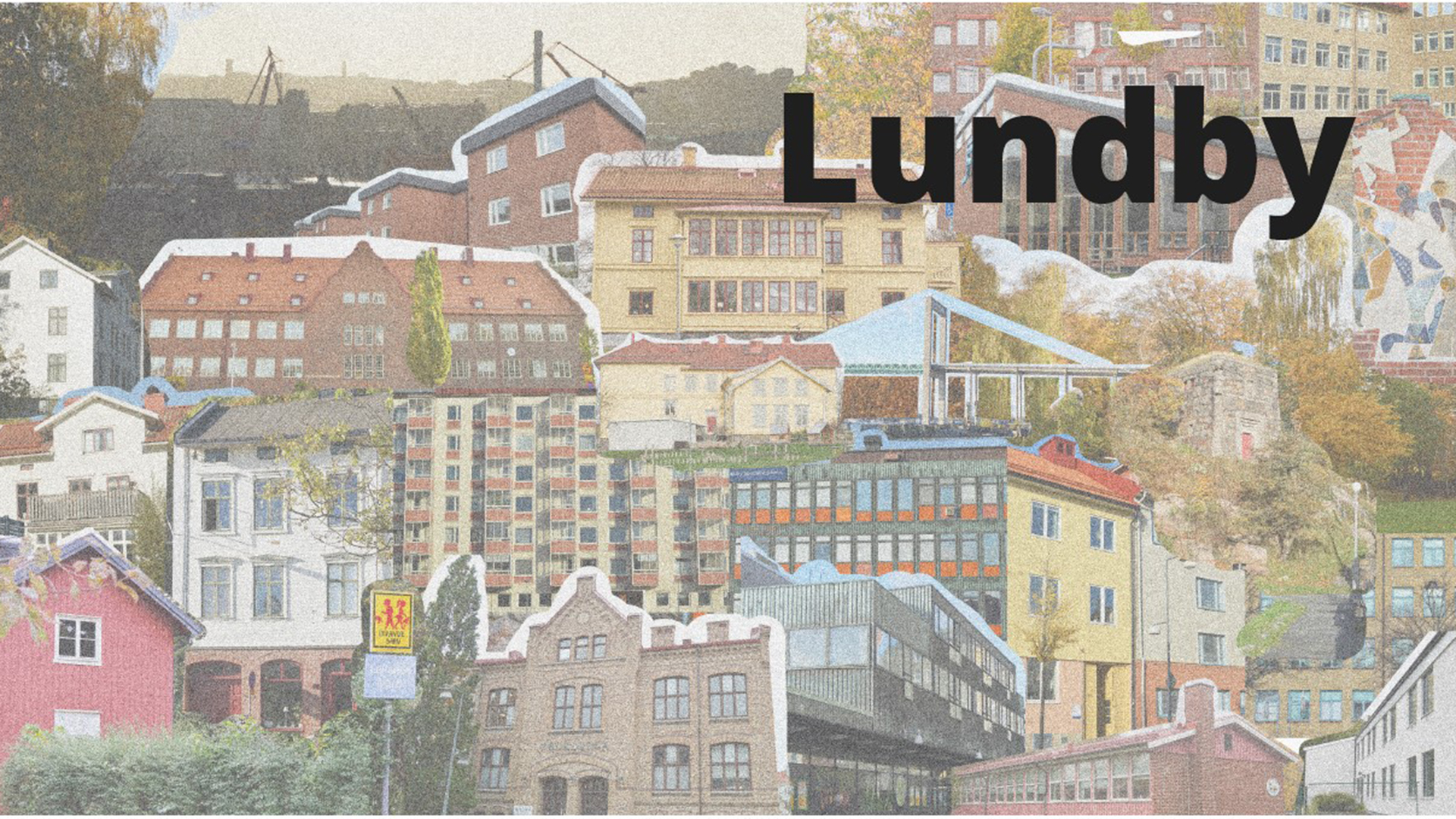 Ett kollage av olika byggnader som ser ut som att de är urklippta ur en tidning eller liknande.