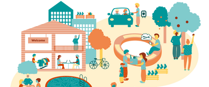 Människor cyklar, pratar och plockar äpplen, illustration. 