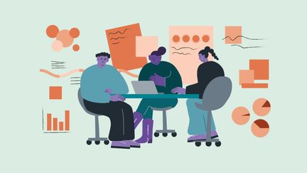 En grupp arbetar vid sina datorer. Runt dem illustrationer av människor, statistik och planeringsverktyg. 