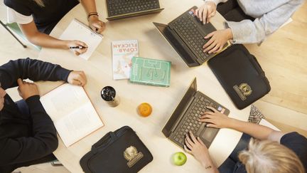 Elever som sitter och studerar kring ett bord. Foto av Frank & Earnest