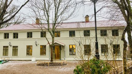 Ett ljusgrönt hus med två våningar. Det är två rader med fönster, 9 i varje rad