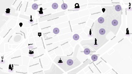 En kartvy över Göteborg med ikoner av konstverk utplacerade.