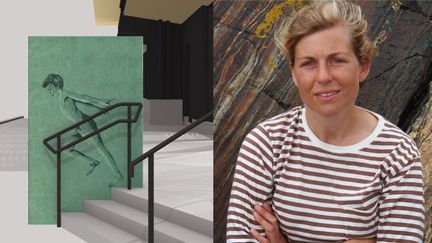 Collage av en närbild på en grön relief av en pojke i badbyxor som tar ett språng ut och ett fotoporträtt av konstnären Hilda Hellström.