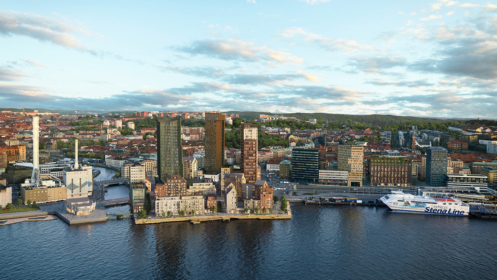 Göta älv syns i förgrunden, där den nya halvön sticker ut i vattnet. Höghus blandas med lägre bebyggelse. En Stena Line-färja ligger an bredvid.