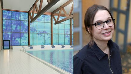 Ett fotocollage av en bild från skissförslaget som visar ett blåskimrande fönster med skogsmotiv framför en badbassäng, samt ett porträttfotografi på konstnären Anna Ekman.