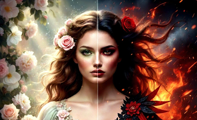 Illustration av person i långt hår, ena halvan av bilden är ljus och fylld med blommor och andra halvan är mörk och fylld med eld