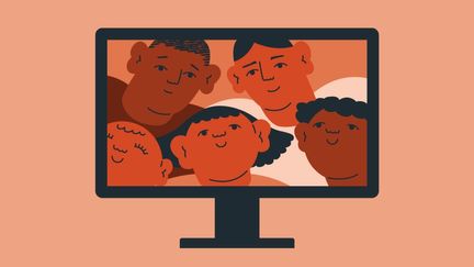 En datorskärm med fem ansikten som tittar på ut på dig