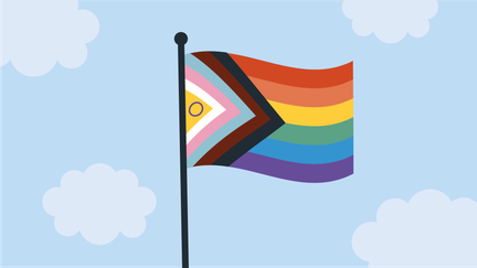 Illustrerad regnbågsflagga på blå bakgrund med moln