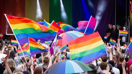 Westpridefirande framför scen. Publikhav med regnbågsflaggor.. Foto: Hampus Haara
