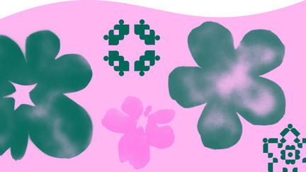 Illustration med rosa bakgrund och gröna och rosa blommor