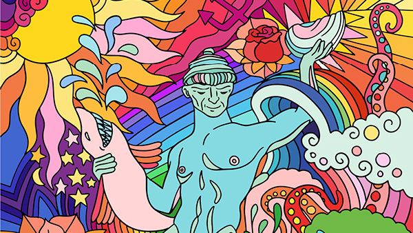 Illustration av statyn Poseidon i regnbågens färger.