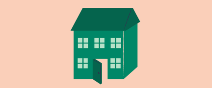 En illustration av ett grönt hus med fem fönster och en dörr som är löppen