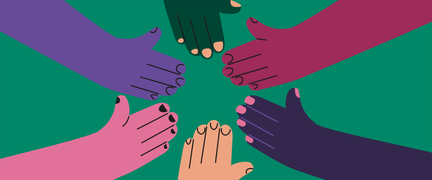 en illustration av sex armar och händer i olika färger som skapar en ring