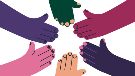 illustration med 6 olika händer i olika färger som skapar en ring