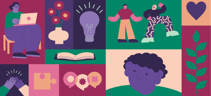 Ett collage av bilder som visar en glödlampa, en vas med blommor, en bok, två personer som dansar, pratbubblor