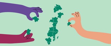 Tre händer i olika färger håller i pusselbitar som är delar av sverige