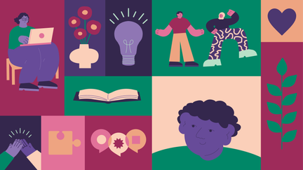 Ett collage av bilder som visar en glödlampa, en vas med blommor, en bok, två personer som dansar, pratbubblor