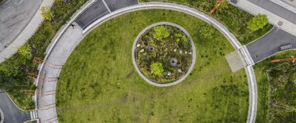 A circular field of grass seen from above.