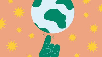 Teckning av en hand som snurrar en boll som ser ut som ett jordklot på fingret.