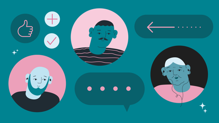 cirklar med tecknade personer, pratbubblor, pilar och tummen-upp-symboler.